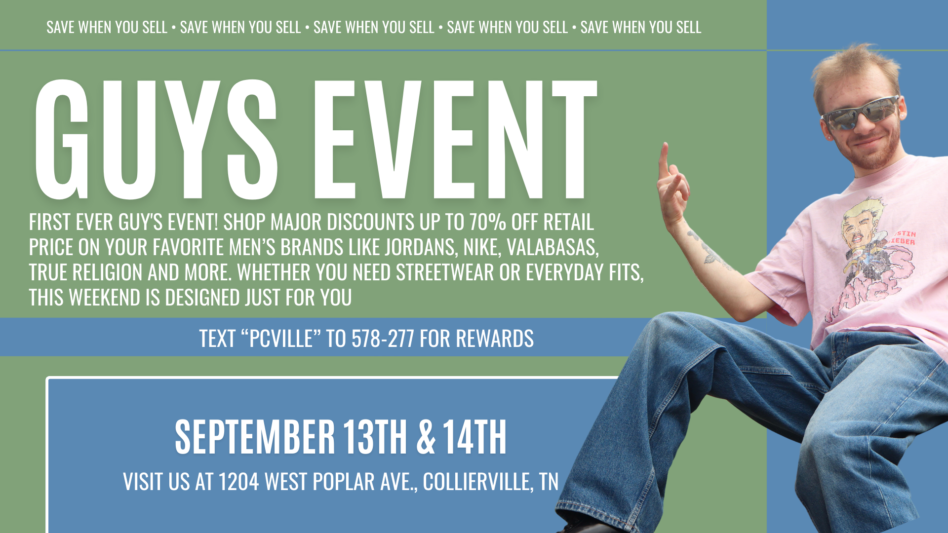 Men’s fashion event at Plato’s Closet Collierville featuring sweaters, jackets, and fall styles for guys, happening September 13–14, with 25% off select items.